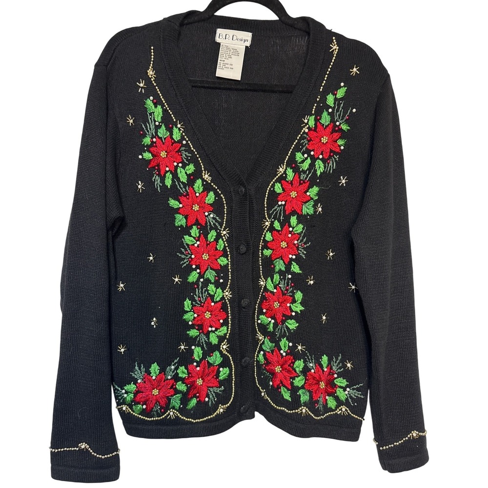 B.P. Design‎ Black Embroidered Poinsettia Christmas Cardigan Sweater M